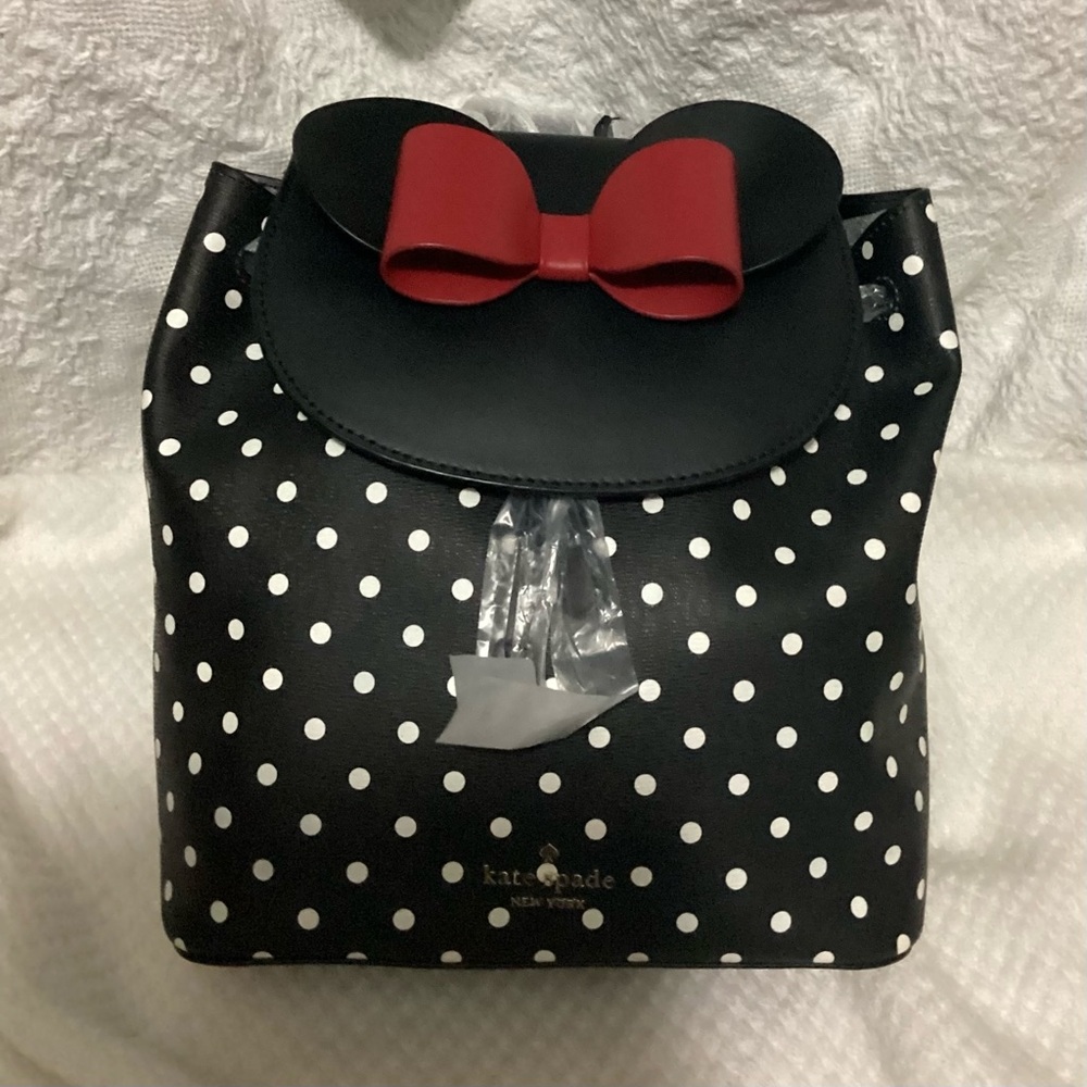 Kate Spade Black and White Polka Dot Backpack with Red Bow